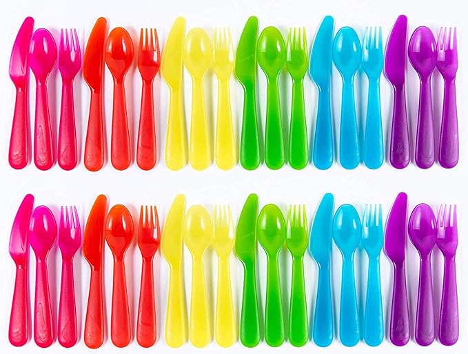 Kids Plastic Dinnerware Set of 36 Multi Color Flatware (Spoons, Forks and Knives) - Reusable, BPA-Free, Dishwasher Safe and Microwaveable