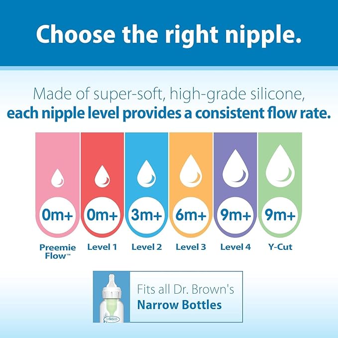 Dr. Brown's Anti-Colic Options + Narrow Glass Baby Bottle with Level 1 Slow Flow Nipple, BPA-Free, 0m+, 4 oz/120mL, 4-Pack + 8oz/250mL, 4-Pack