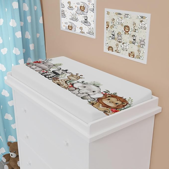 Cute Jungle Safari Animals Christmas Cheery Fir Leaves Changing Pad Covers Lion Elephant Giraffe Zebra Hippo Baby Change Table Pad Cover for Boy Girl Soft Stretchy Changing Mat Sheets 32''x16''