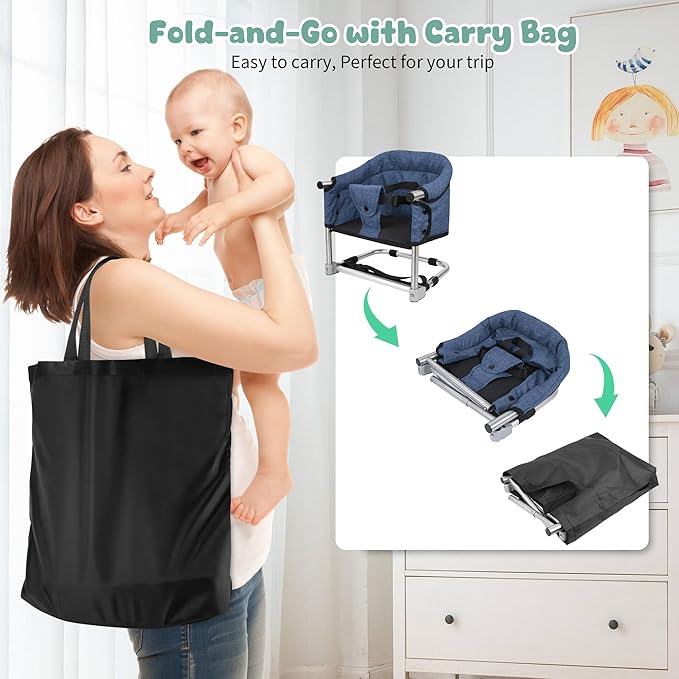Booster Seat for Dining Table, 3-in-1 Portable Toddler Booster Chair with Safety Buckle, Height Adjustable & Foldable Baby Feeding Seat, Travel High Chair with Storage Pocket - Navy Blue