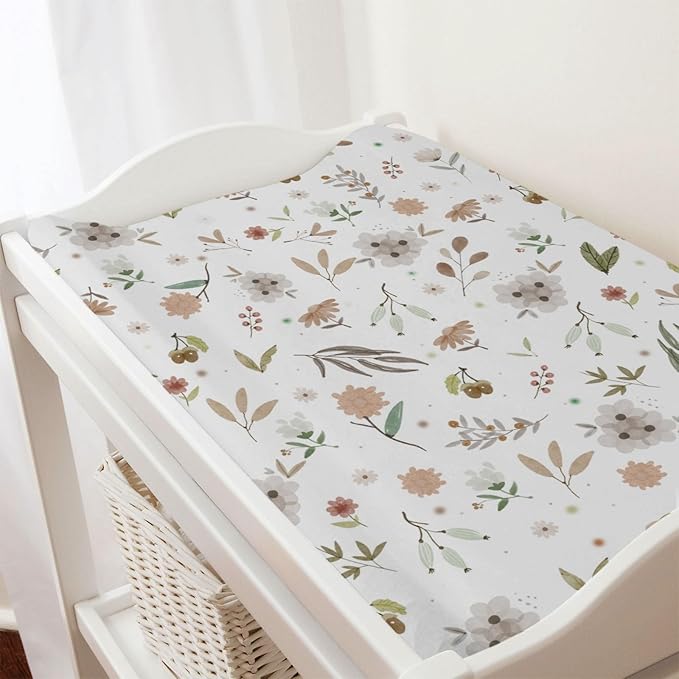 Boho Floral Changing Pad Covers for Baby Boy Girl 32''x16'' Greenery Flowers Leaves Unisex Fitted Changing Table Sheets Wild Flowers Comfort Soft Breathable Nursery Cradle & Bassinet Sheets