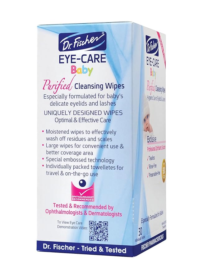 Purified, Non Irritating, Tear Free, Hypoallergenic & Sensitive Approved Baby Eyelid Wipes by Dr. Fischer – Pre-moistened, Rinse Free and Pediatrician Recommended - (30)