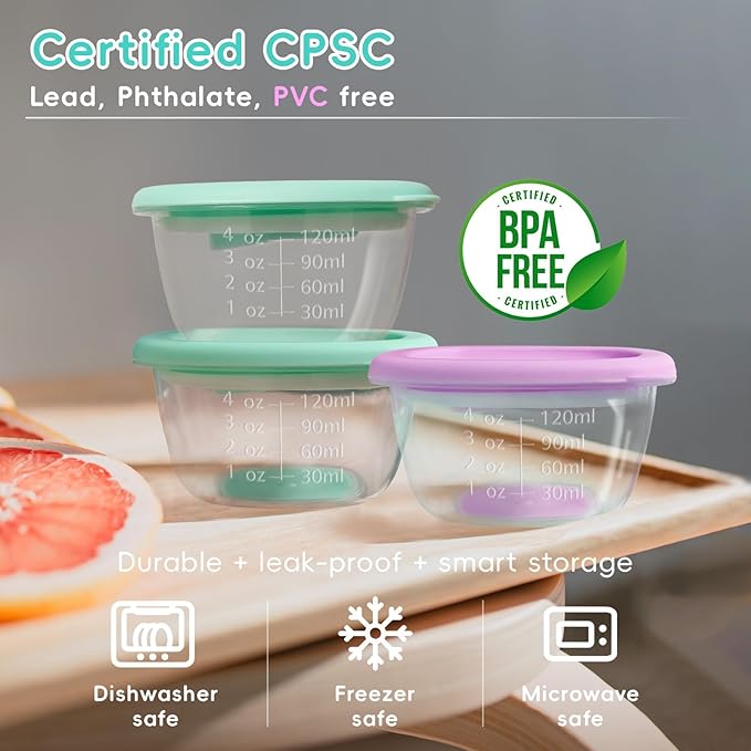 Leak-Proof Baby Food Storage Containers 12-Pack - 4oz BPA-Free Freezer & Microwave Safe Food Jars with Airtight Lids for Infants, Travel, Nurseries