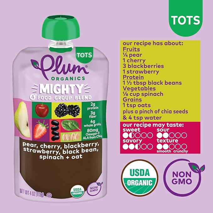 Plum Organics Mighty 4 Organic Toddler Food - Pear, Black Bean, Cherry, Blackberry, Strawberry, Oat, and Spinach - 4 oz Pouch (Pack of 6) - Organic Fruit and Vegetable Toddler Food Pouch