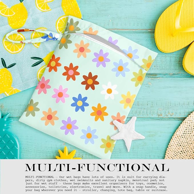 Wet Bag Wet Dry Bag Wet Bag for Swimsuit Travel Beach Pool Diapers Dirty Yoga Gym Clothes Toiletries Makeup Bag Waterproof Reusable Cute Daisy Floral Flower