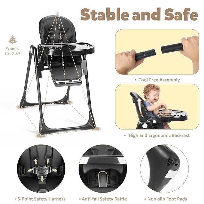 TODEFULL 3 in 1 Foldable Baby High Chair, Infant High Chairs for Babies and Toddlers, 6 Height & 5 Recline Adjustable Toddler Feeding Chair, 2 Tray Depth & 3 Footrest Angles, 2 Built-in Wheels, Black