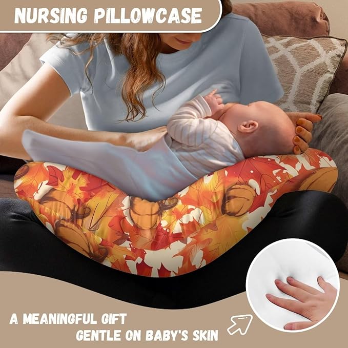Maple Leaf Pumpkin Print Newborn Nursing Pillow Cover Soft Cozy Skin-Friendly Feeding Pillow Covers for Bottle and Breastfeeding Easy to Put On & Remove Baby Nursing Pillow Case