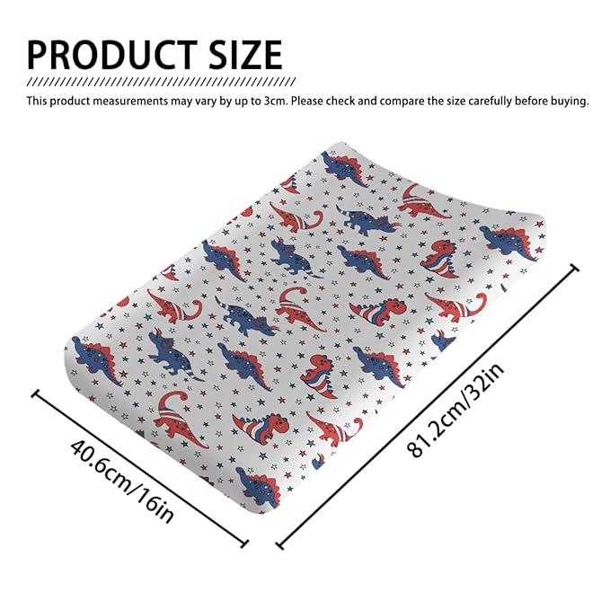 Patriotic Dinosaurs Baby Changing Pad Covers for Boy Girl 32''x16'' Cartoon Dinosaur American Flag Stars Unisex Fitted Diaper Changing Table Sheets Comfort Soft Breathable Baby Changing Table Mats