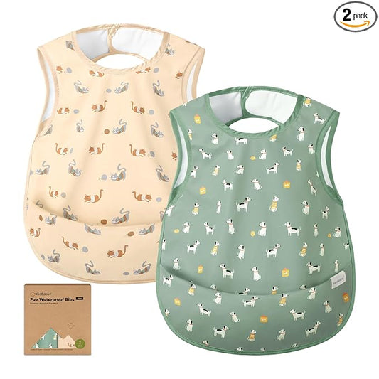 KeaBabies Waterproof Bibs for Baby Girl,Boy – 2-Pack Lightweight, Large Baby Bibs for Eating, Wearable Food Catcher, 6-12 Months Infant Feeding Essentials, Smock for Toddlers 1-3, Kids (Pets & Paws)