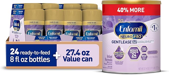 Enfamil NeuroPro Gentlease Baby Formula, Brain Building DHA, HuMO6 Immune Blend, Reduce Fussiness, Crying, Gas & Spit-up in 24 Hrs, 27.4 Oz Can + Ready to Use 8 Fl Oz, 24 Bottles