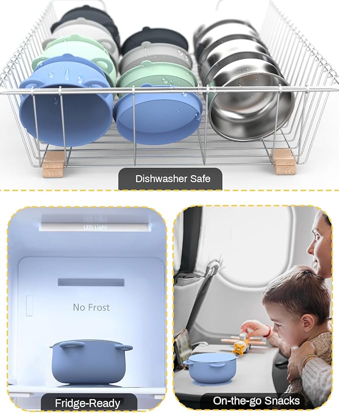 Bakpoco Baby Suction Bowls with Lids 4-Pack, 2-in-1 Stainless Steel 304 Toddler Bowl & Removable Silicone Suction Kids Bowl Plate Set Non Toxic Snack Dishes for Self-Feeding, Ocean Explorer Set