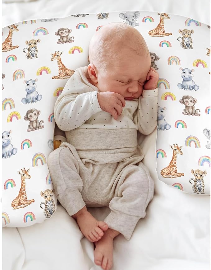 Safari Jungle Animals Rainbow Baby Nursing Pillow Covers for Boy Girl Elephant Leopard Giraffe Hippo Nursery Pillowcase for Breastfeeding Pillows Tropical Safari Soft Stretchy Slipcovers for Newborn