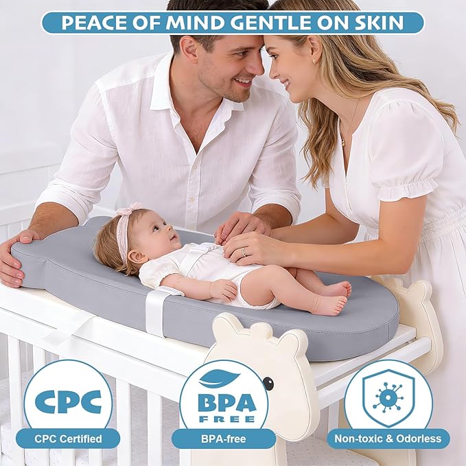 Baby Changing Pad, Waterproof & Wipeable Soft Diaper Changing Mat with PU Cover, Contoured Baby Changing Pad for Dresser & Table, with Non-Slip Safety Belt, Portable & Lightweight,Large Cushioned Foam