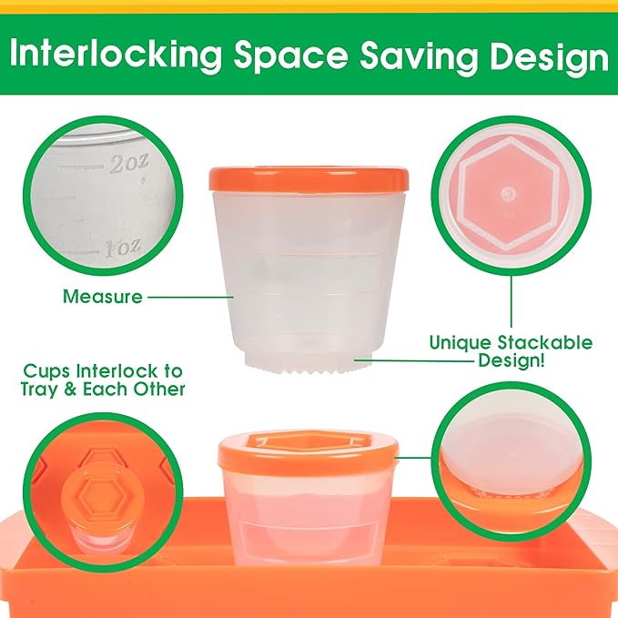 Baby Food Storage Containers (12 Pack) - 2oz Reusable, Stackable, Leakproof Plastic Jars with Tray & Dry-Erase Marker - Freezer, Microwave & Dishwasher Safe - BPA/PVC Free - Orange