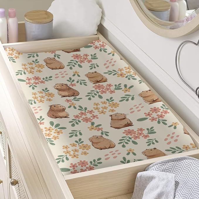 Capybara Floral Baby Diaper Changing Table Sheets Jersey Knit Breathable Changing Table Pad Cover for Infants Toddles 16 * 32 Inches