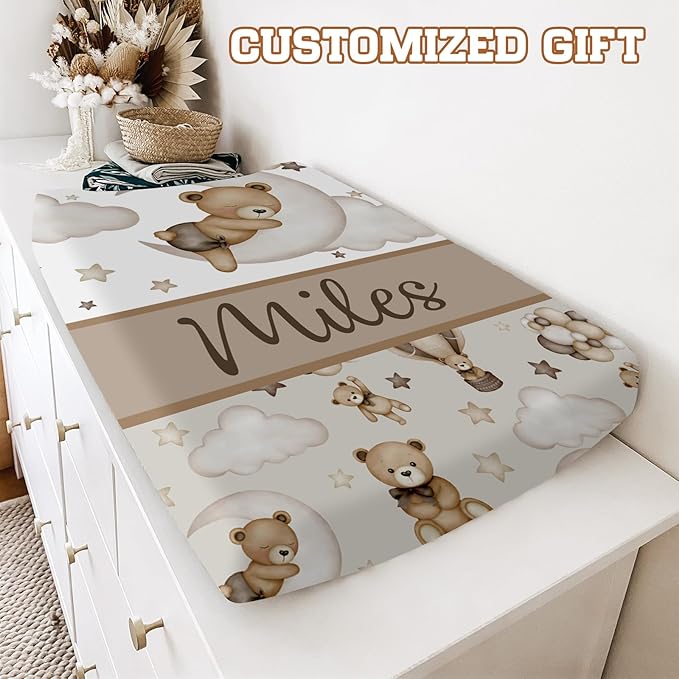 Custom Name Changing Pad Cover - 2 Piece Customizable Brown Bear Changing Pad Cover - Cotton Toddler Baby Pee Pad for Diaper Changing Table Nursery Protector