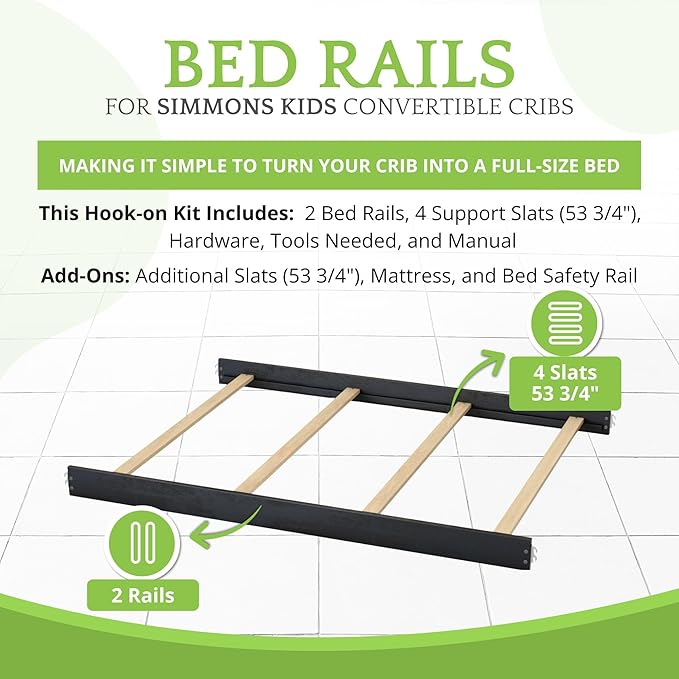 Full-Size Conversion Kit Bed Rails Compatible with Simmons Kids Convertible Cribs by Delta Children - Solid Wood Rail - Toddler & Adult Bed Rail for Full-Size - Nursery Furniture (Black, HOOK-ON KIT)