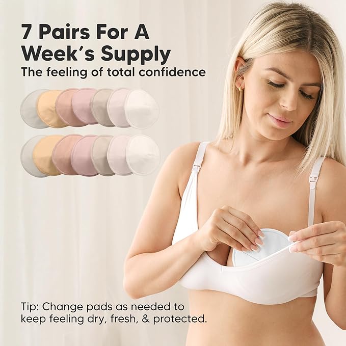 Organic Nursing Pads - 14 Washable Breast Pads for Breastfeeding, Wash Bag, Viscose Derived from Bamboo Reusable Nipple Covers for Breastfeeding Essentials, Soft & Absorbent (Neutrals, M 4.6")