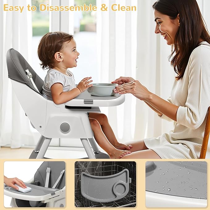 Ktaxon Baby High Chair, 6-in-1 Portable Feeding Rocking Seat with Adjustable Backrest, Removable Tray and 5-Point Safety Harness, Travel Folding Highchair for Toddlers & Babies, Grey