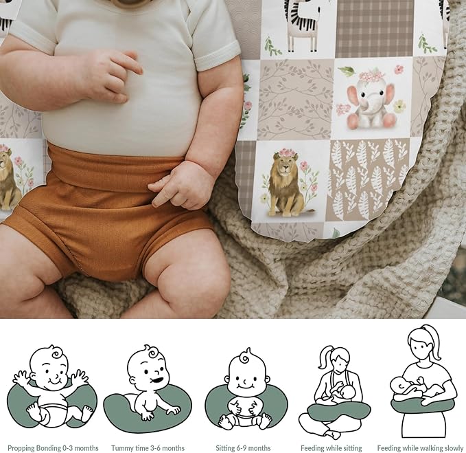 Boho Safari Animals Baby Nursing Pillow Covers for Boy Girl Lion Elephant Zebra Hippo Floral Leaves Nursing Pillowcase for Breastfeeding Pillows African Jungle Zoo Soft Stretchy Slipcovers for Infant