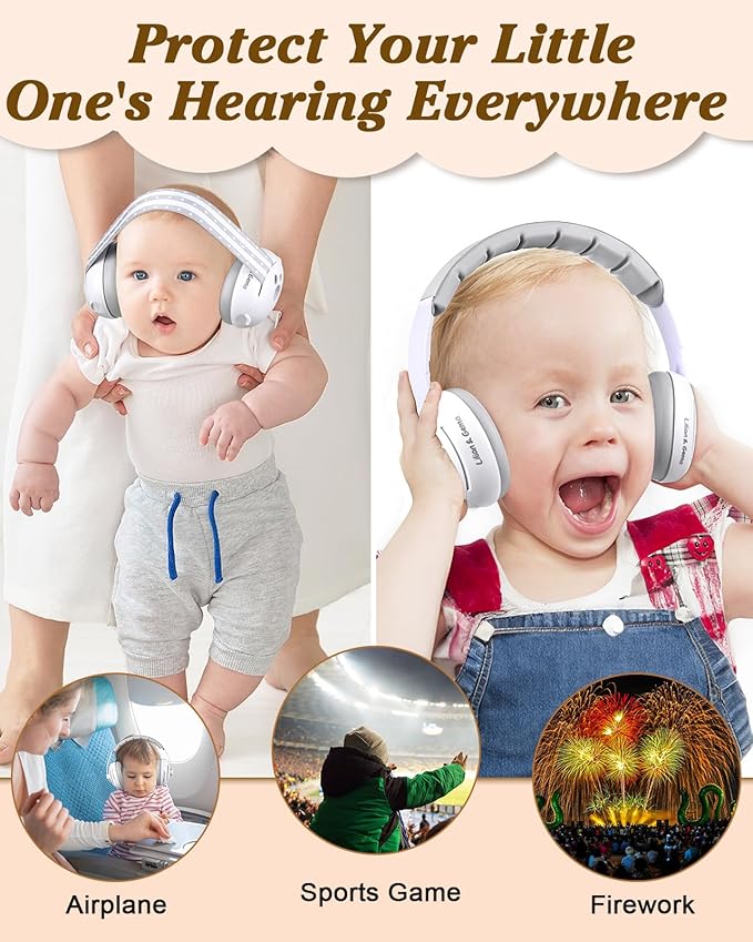 Lilian&Gema 2-in-1 Baby Ear Muffs Noise Protection up to 48 Months - Baby Airplane/Travel Essentials - Adjustable Noise Reduction Earmuffs - Ear Protection Headphones for Infant & Toddler, White