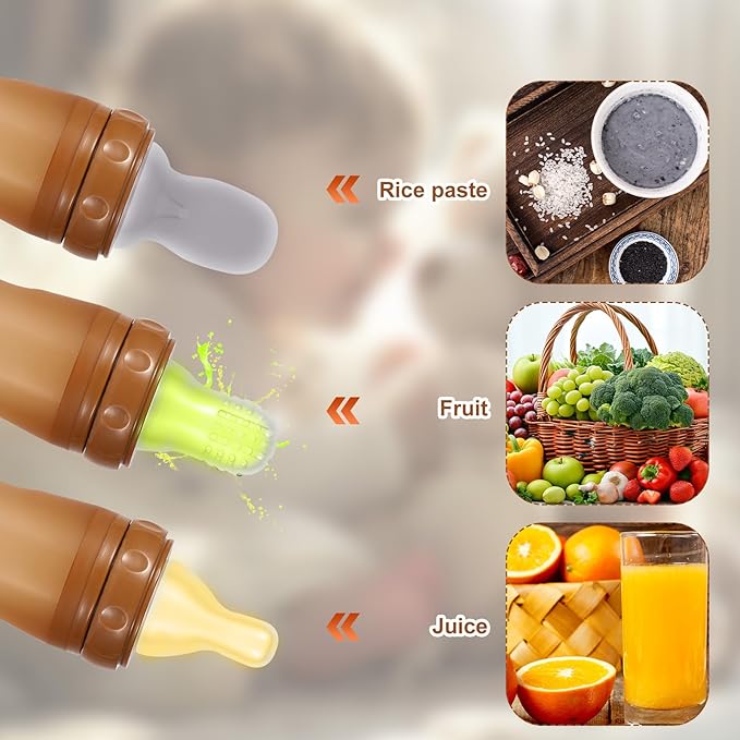 Baby Food Bottle, 3-in-1 Silicone Food Dispensing Squeeze Feeder Multifunctional Baby Milk Bottle Weaning Bottles with Dispensing Spoon, Regular Nipple and Fruit Puree Feeding Nipple