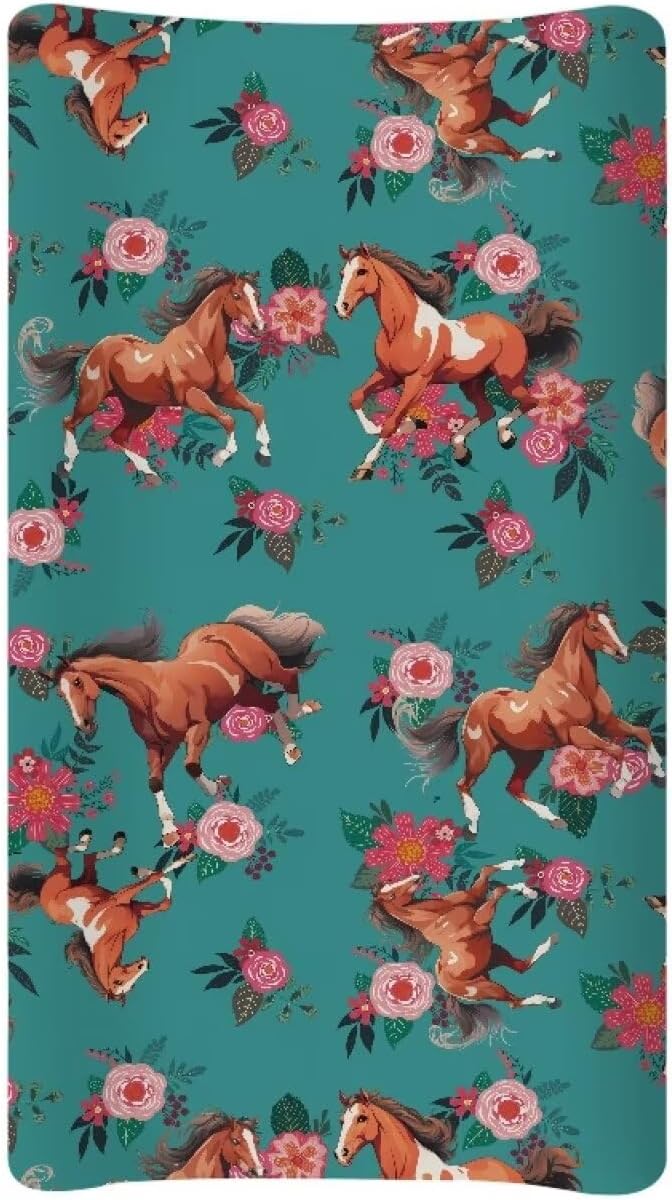 Floral Horse Changing Pad Covers Ultra Soft Stretch Diaper Change Table Pad Cover Infant Changing Mat Sheets Table Covers for Boys Girls
