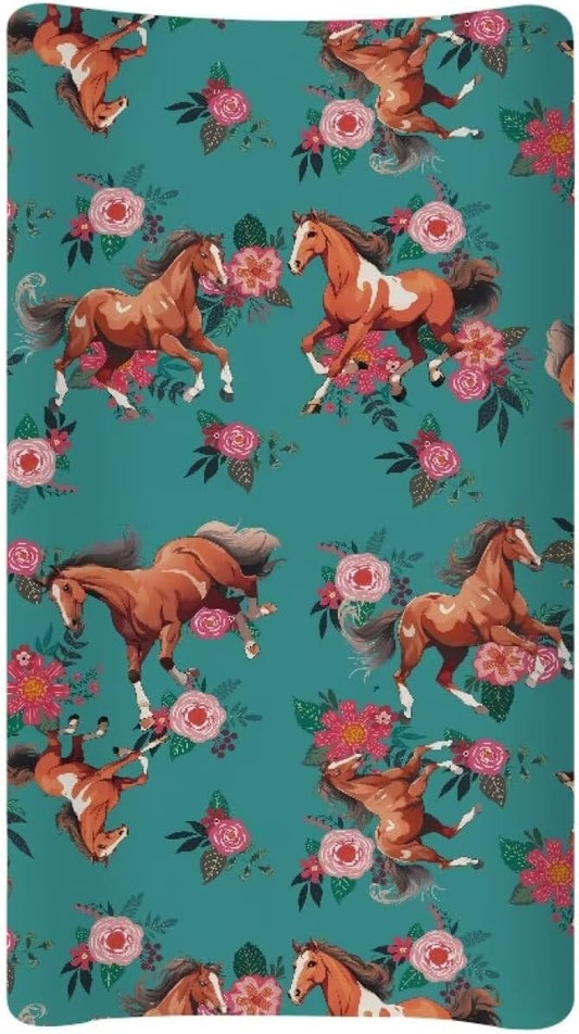 Floral Horse Changing Pad Covers Ultra Soft Stretch Diaper Change Table Pad Cover Infant Changing Mat Sheets Table Covers for Boys Girls