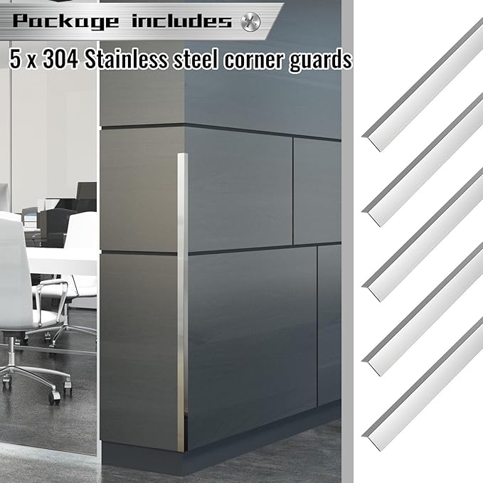 Therwen 10 Pcs 0.5 x 0.5 x 48 Inch 304 Stainless Steel Corner Guards Metal Wall Guard Protector Corner Trim Molding for Door Countertop Furniture Cabinet Protection