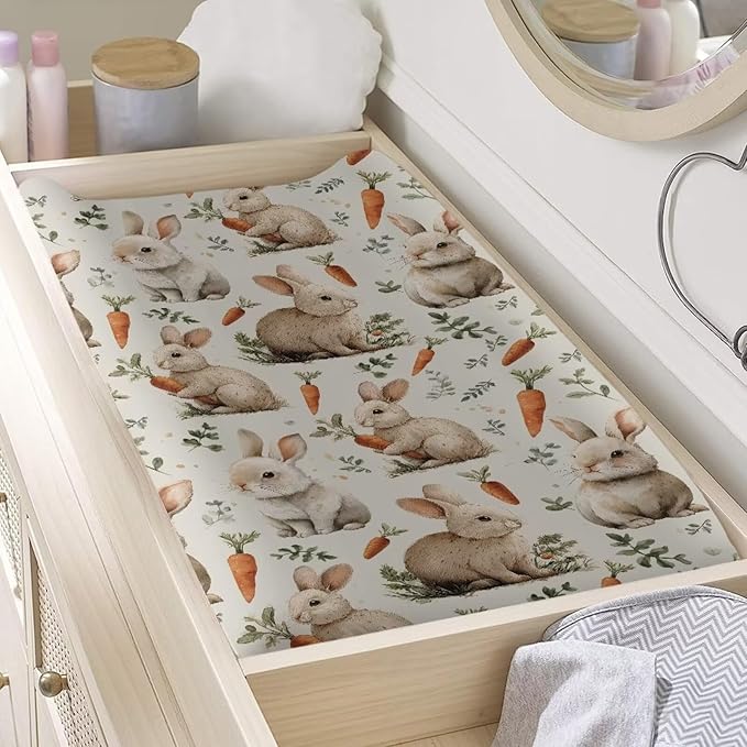 Easter Decor Rabbit Baby Changing Pad Cover White Diaper Changing Pad Cover 32''*16'' Baby Girl Nursery Decor Soft Breathable Diaper Pad Cover
