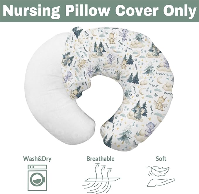 Fairytale Dragons Baby Nursing Pillow Cover for Boy Girl Cute Dragon Moon Stars Clouds Trees Eggs Nursery Pillowcase for Breastfeeding Pillows Fantasy Animal Soft Stretchy Slipcover for Newborn Infant