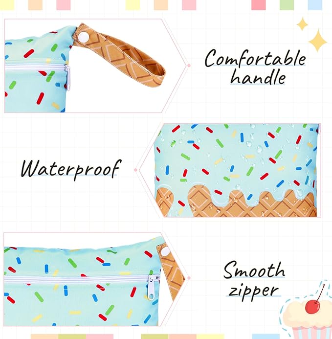 SATINIOR 2 Pack Wet Dry Bags Ice Cream Waterproof Pouch Large & Small Makeup Bag Baby Wet Bags Zipper Pouch for Baby Women Diapers Cloth(Green)