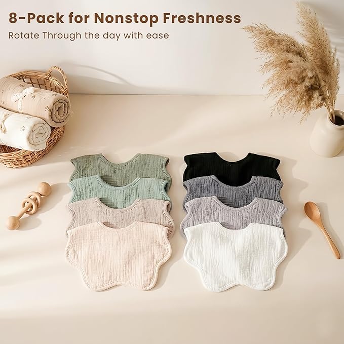 Konssy Muslin Baby Bibs 8 Pack, 100% Cotton Absorbent Bandana Drool Bibs for Teething and Drooling for Unisex Boys and Girls
