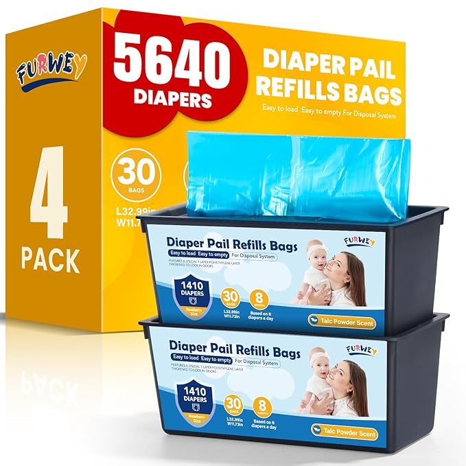 Diaper Pail Refill Bags 30 Bags Per Refill，Compatible with Genie Easy Roll Signature Diaper Pails Holds Up to 5640 Newborn Diapers Talc Powder Scent 7 Layer Odor Barrier,Scented,4PACK (120 Bags)