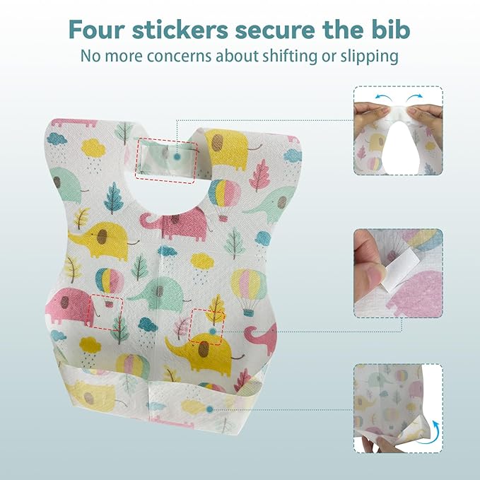 30 PCS Disposable Bibs for Toddlers, 6 Patterns Individually Packaged Baby Bibs with Catcher and Waterproof Liner for Boys Girls Eating, Baby Restaurant and Travel Essential