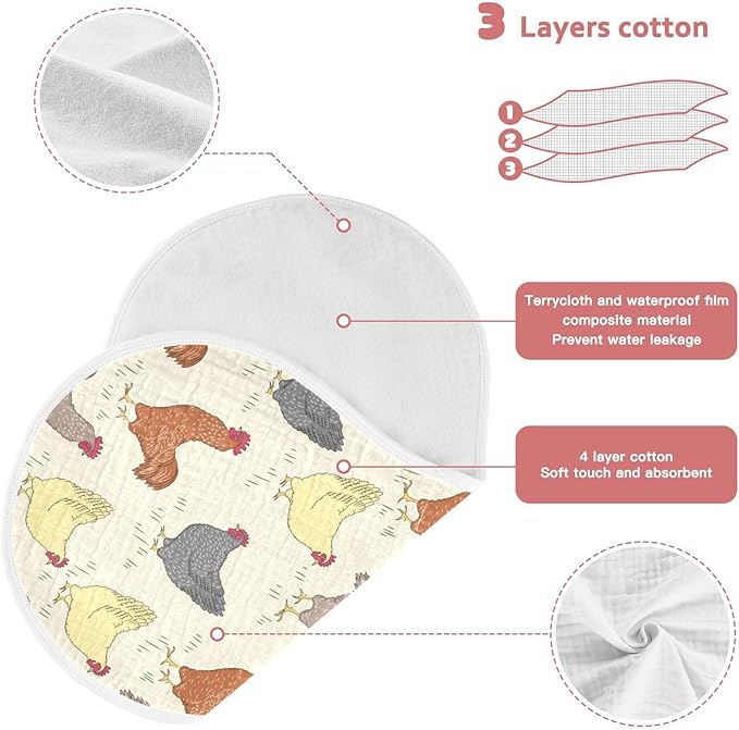 Rooster and Hens Muslin Burp Cloths for Baby 4 Pack Soft 100% Cotton Baby Washcloths Bibs for Boy Girl