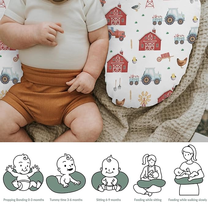 Farm Animals Life Baby Nursing Pillow Covers for Boy Girl Tractor Barn Pig Hen Duck Windmill Nursery Feeding Pillowcase for Breastfeeding Pillows Farmyard Soft Stretchy Slipcover for Newborn Infant