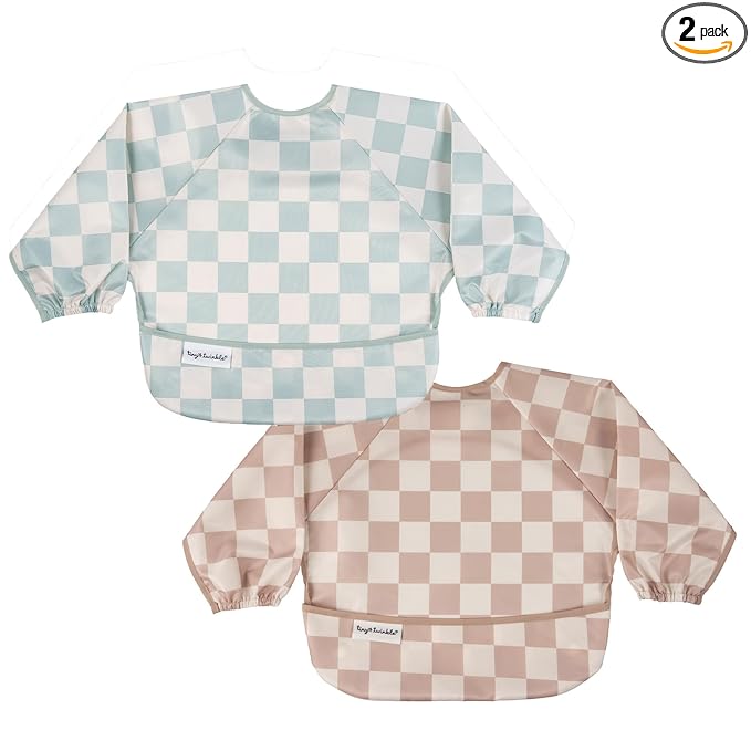 Tiny Twinkle Long Sleeve Bib for Babies&Toddlers|2-Pack Waterproof Smock Bib for Eating|Machine Washable&Mess-Proof Feeding Essentials|Newborn Shower Gift(Sage,Beige Checkers,6-24M)