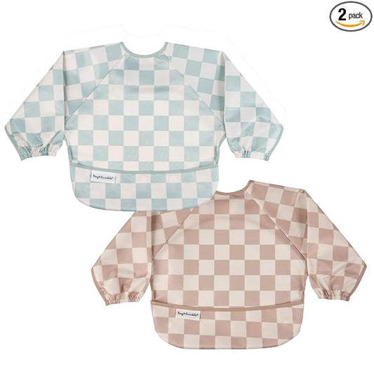 Tiny Twinkle Long Sleeve Bib for Babies&Toddlers|2-Pack Waterproof Smock Bib for Eating|Machine Washable&Mess-Proof Feeding Essentials|Newborn Shower Gift(Sage,Beige Checkers,6-24M)
