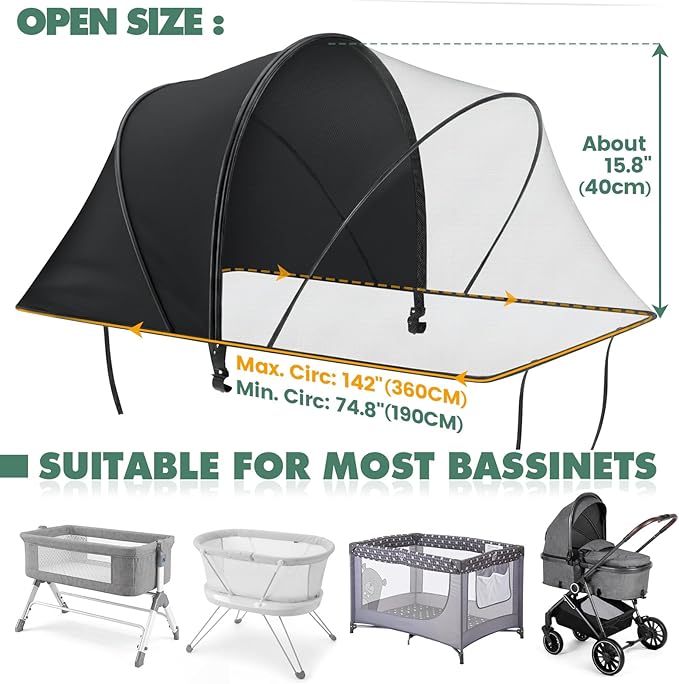 Orzbow Bassinet Cover for Cats - Breathable Mosquito Net Cover for Cradles/Travel Cribs/Mini Cribs, Baby Mosquito Net to Keep Pets Out, Baby Bassinet Accessories, Two-Way Self-Locking Zippers, Black