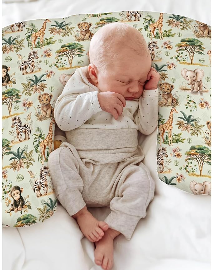 Safari Jungle Animals Baby Nursing Pillow Covers for Boy Girl Lion Zebra Monkey Giraffe Elephant Trees Nursing Slipcovers for Breastfeeding Pillows African Animal Soft Stretchy Cover for Newborn