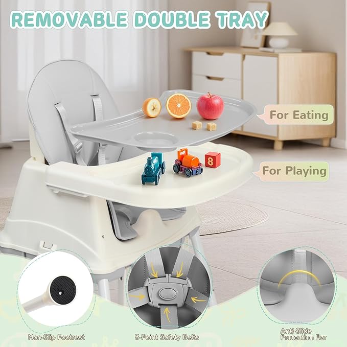 Ktaxon 6-in-1 Baby High Chair, Portable Convertible Highchair with Removable Dual-Layer Tray, 5-Point Safety Harness and Locking Wheels for Toddlers & Babies, Grey