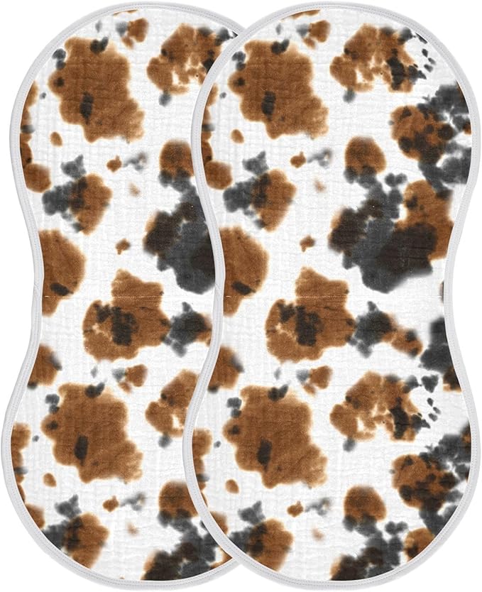 Muslin Burp Cloths for Baby Boys and Girls - 2-Pack Ultra Absorbent Black and Brown Cow Print Muslin Washcloths, Newborn Towel, Milk Spit Up Rags, Burp Cloth Bib for Unisex, 22 x 11 Inch