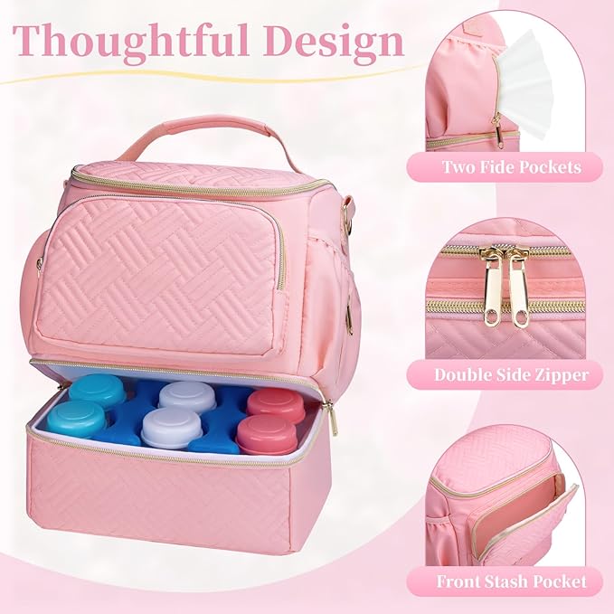 Wearable Breast Pump Bag with Cooler Compartment Compatible with Willow/Elvie/Medela/Momcozy M5/S12 Pro, Breast Milk Cooler Travel Bag with Ice Pack & Mat, Pumping Bags for Work, Pink