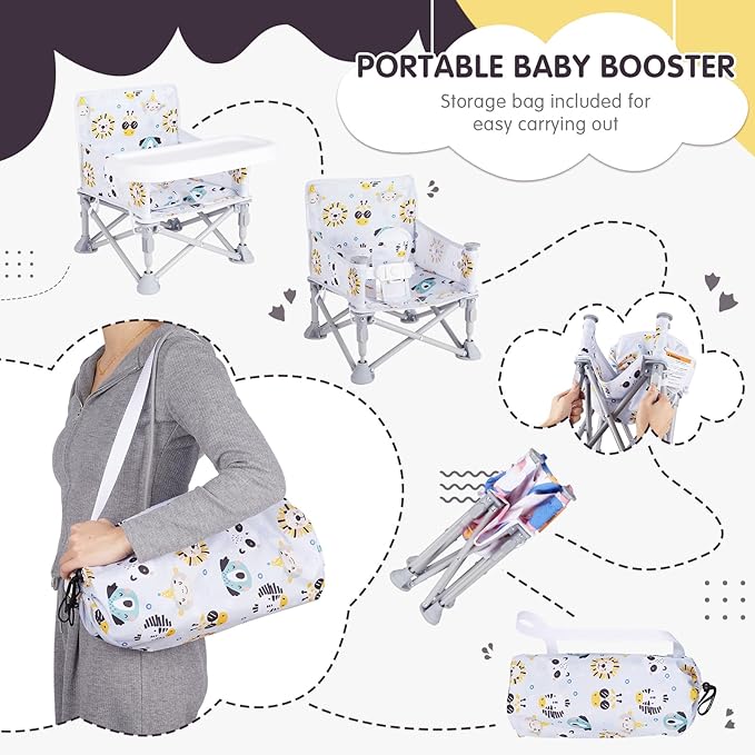Portable Baby Chair, Folding Booster Seat with Tray for Dining Table Compact Camping Chair for Lawn Beach Travel Babies 6-36 Months