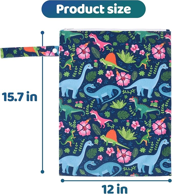 2pcs Cloth Diaper Mess-proof Wet Bags,Waterproof Reusabel Travel Storage Stroller Daycare Soiled Baby Items Beach Pool Yoga Gym Bag for Wet Toddler Swimsuits-Leopard,Dinosaur