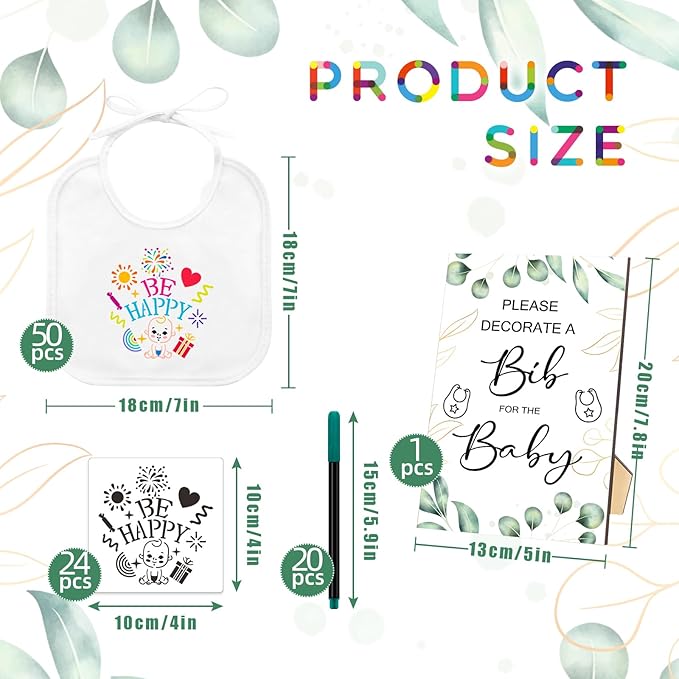 SytuHe 95 Pcs DIY Baby Bibs Decorating Kit50 White Bibs 24 Stencils 20 Fabric Markers 1 Baby Shower Game Sign