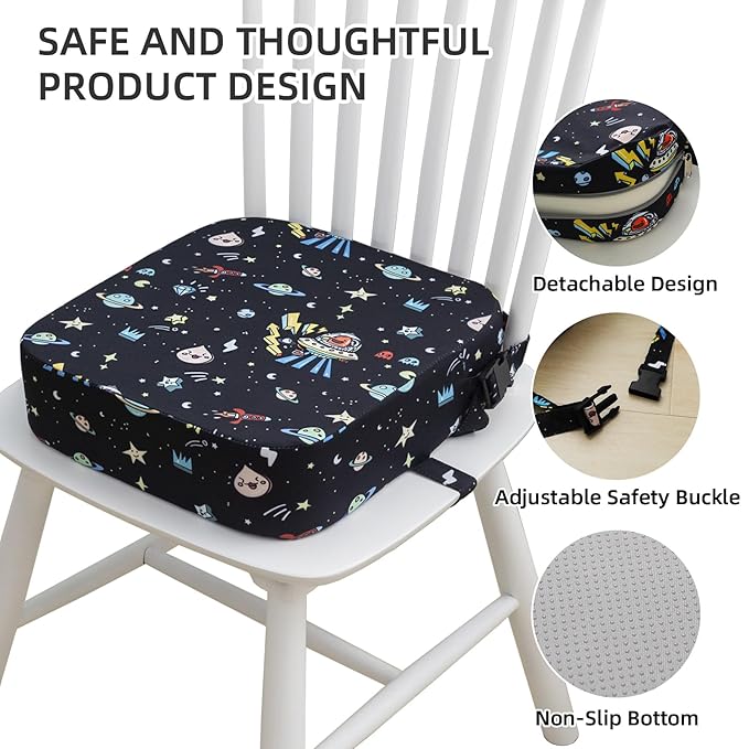 Eiury Toddler Booster Seat for Dining Table, Portable Kids Booster Seat with Safety Buckles Portable Increasing Booster Cushion with Non-Slip Bottom (Black Astronaut)