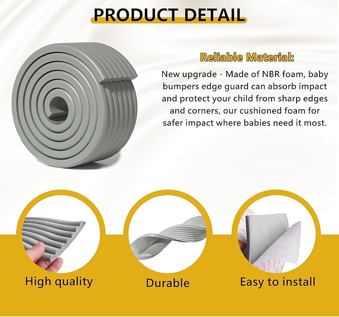 6.5ft Baby Edge Corner Protector, Extra Thick Soft Foam Padding with Strong Adhesive Double Sided Tape, Safety Guards for Sharp Edges of Tables, Desks, Beds, Cabinets Fireplace for Home/Nursery(Gray)