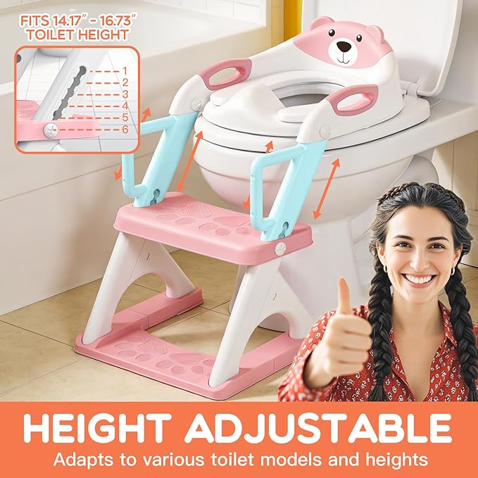 Potty Training Seat with Step Stool Ladder, Toddler Toilet Seat for Boys Girls, Adjustable 6 Heights Fits Round & Elongated Toilets, Anti-Slip Pads & Leak-Proof Guard, Pink
